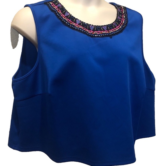 (NWT) Spense Women's Blue Beaded Crew Neck Satiny Crop Top Plus Size 24W - Picture 2 of 9